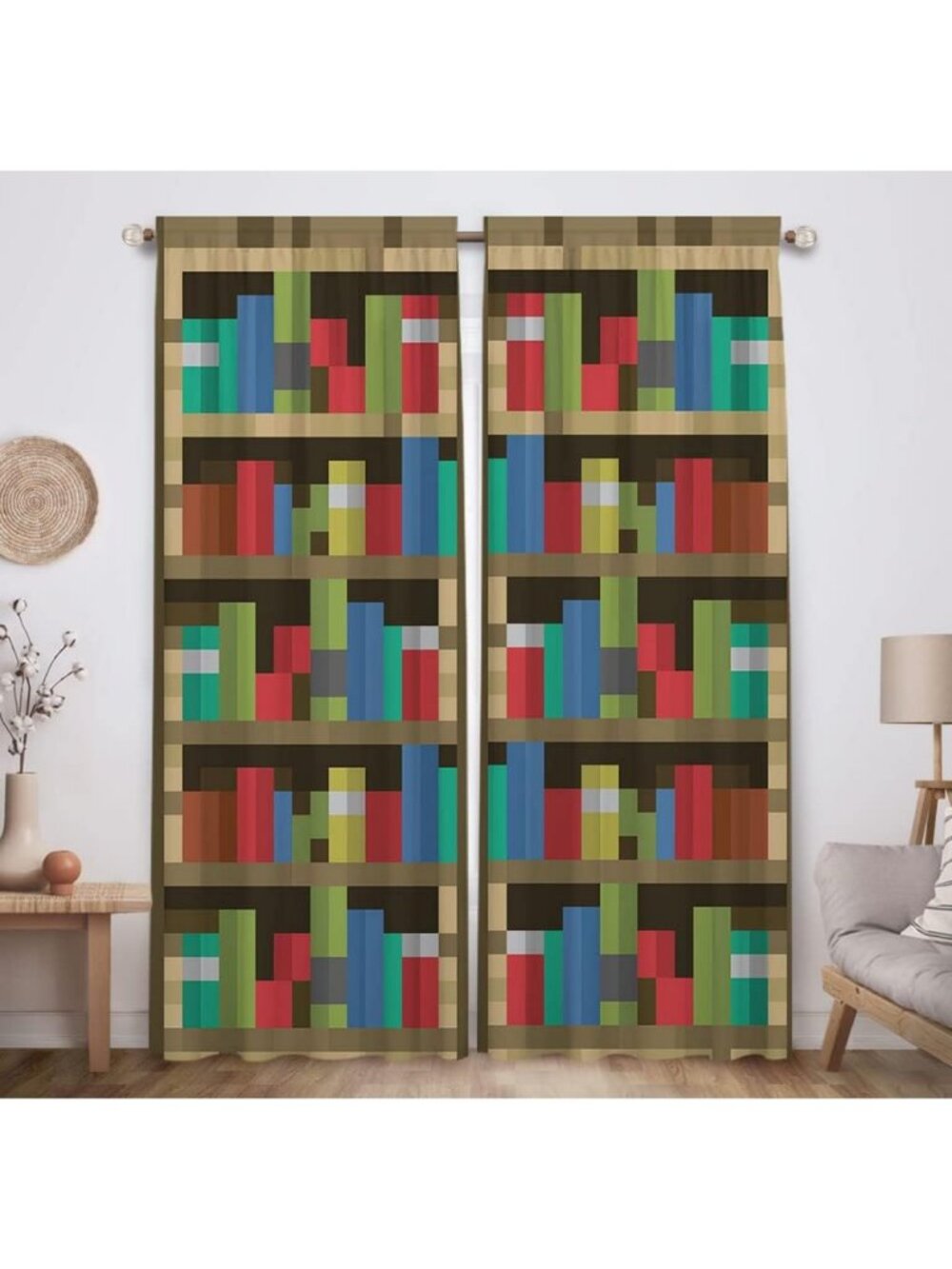 Pixelated Bookshelf Curtains for Kids Room | Durable, Machine Washable | 82x84